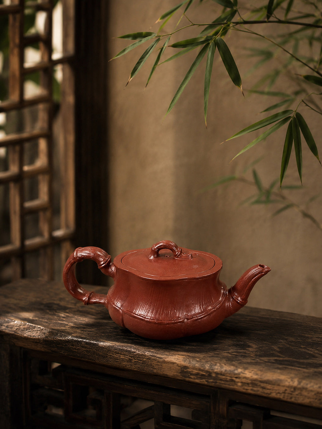 Product view 6 of 60ml Bamboo Sculptural Form zisha teapot in Red Jiangponi Clay, No. 007