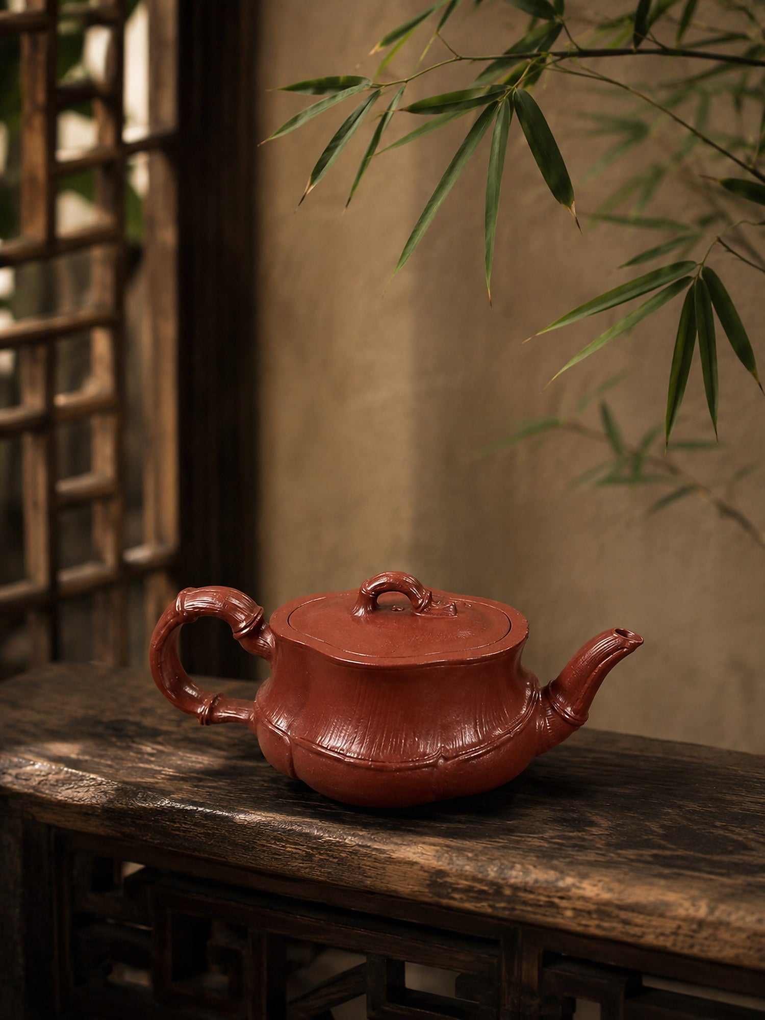 Product view 6 of 60ml Bamboo Sculptural Form zisha teapot in Red Jiangponi Clay, No. 007