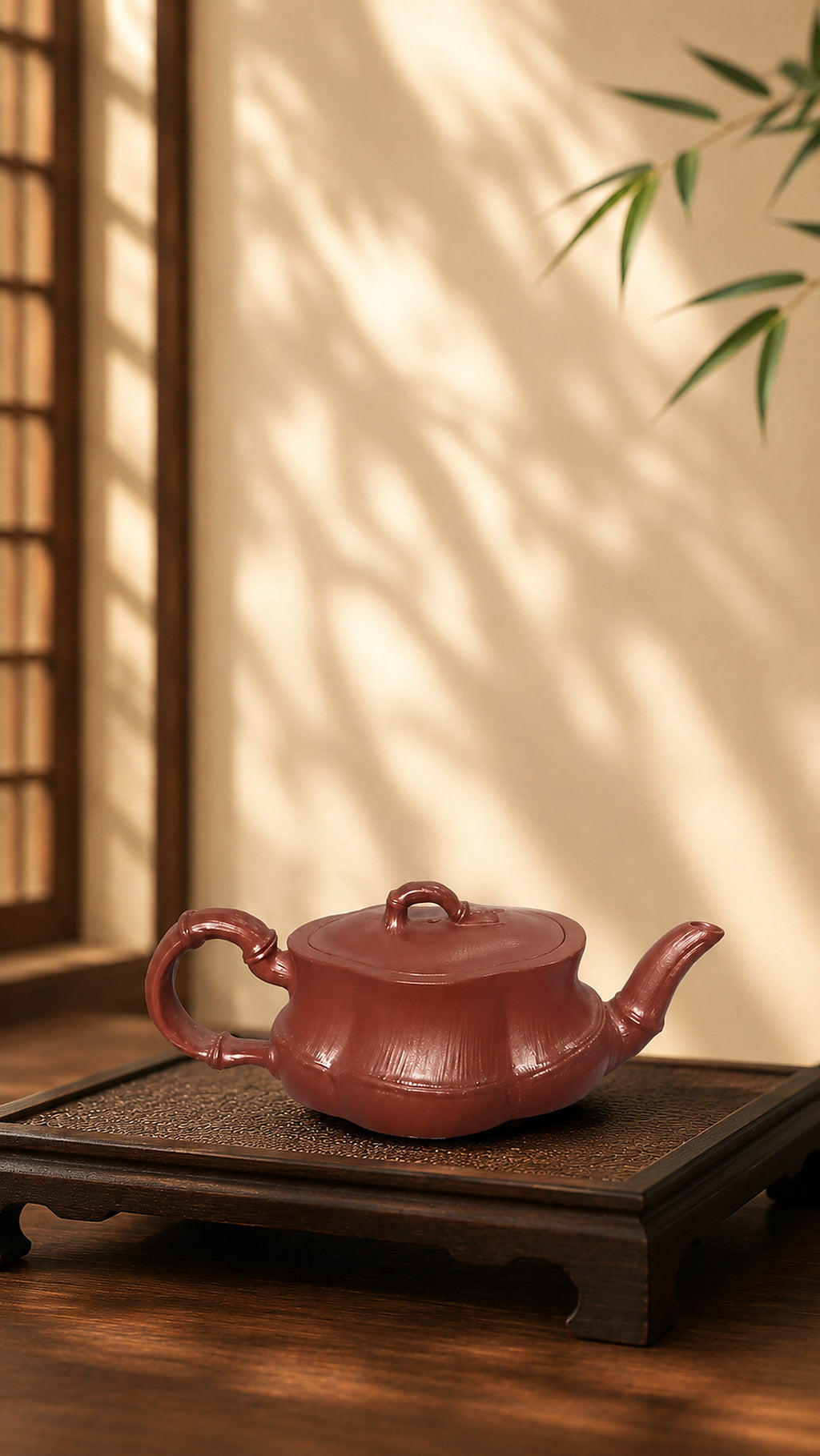 Product view 9 of 60ml Bamboo Sculptural Form zisha teapot in Red Jiangponi Clay, No. 007