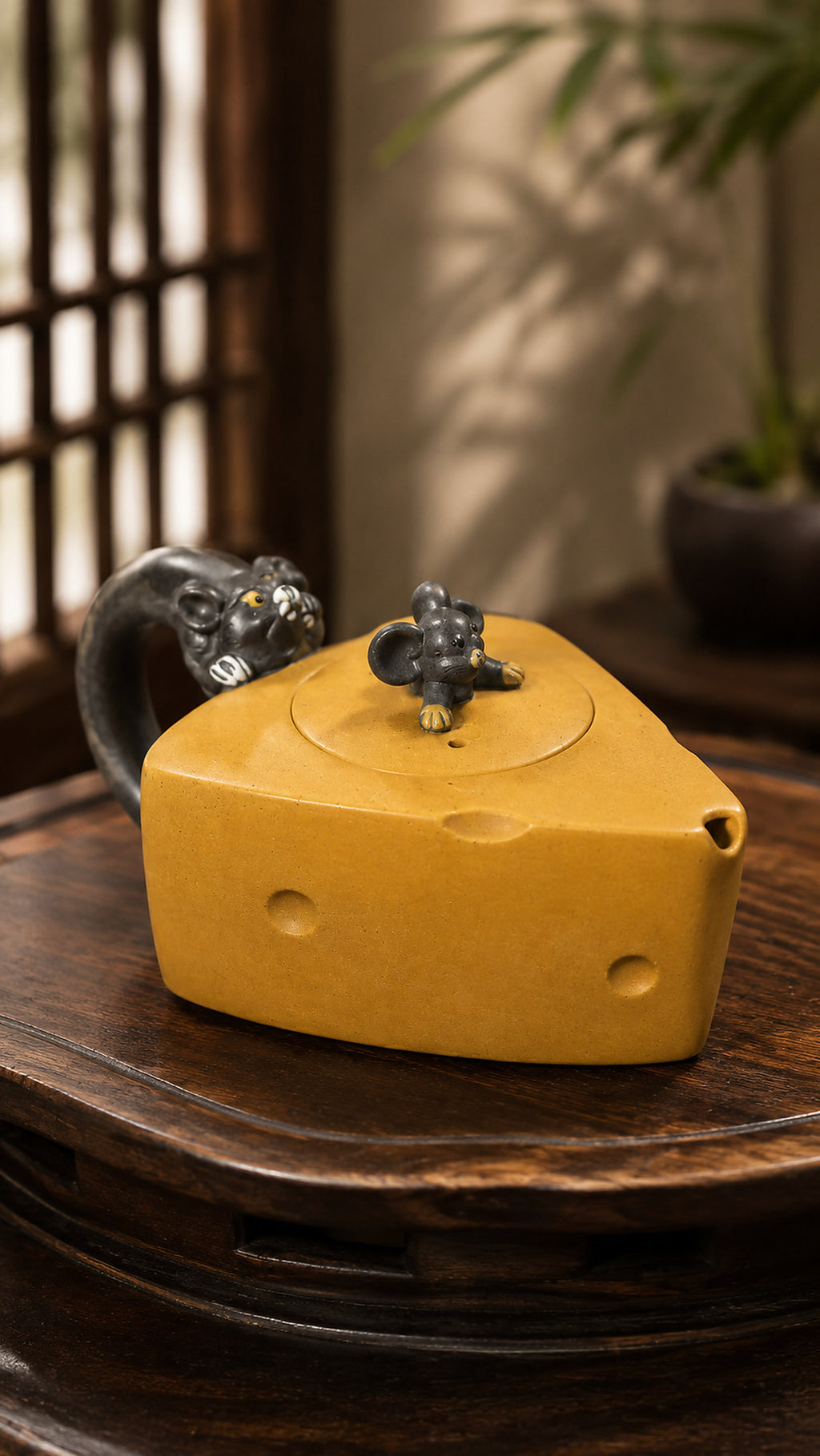 Cheese-form Yixing teapot in golden Duanni, front view on a carved round stand