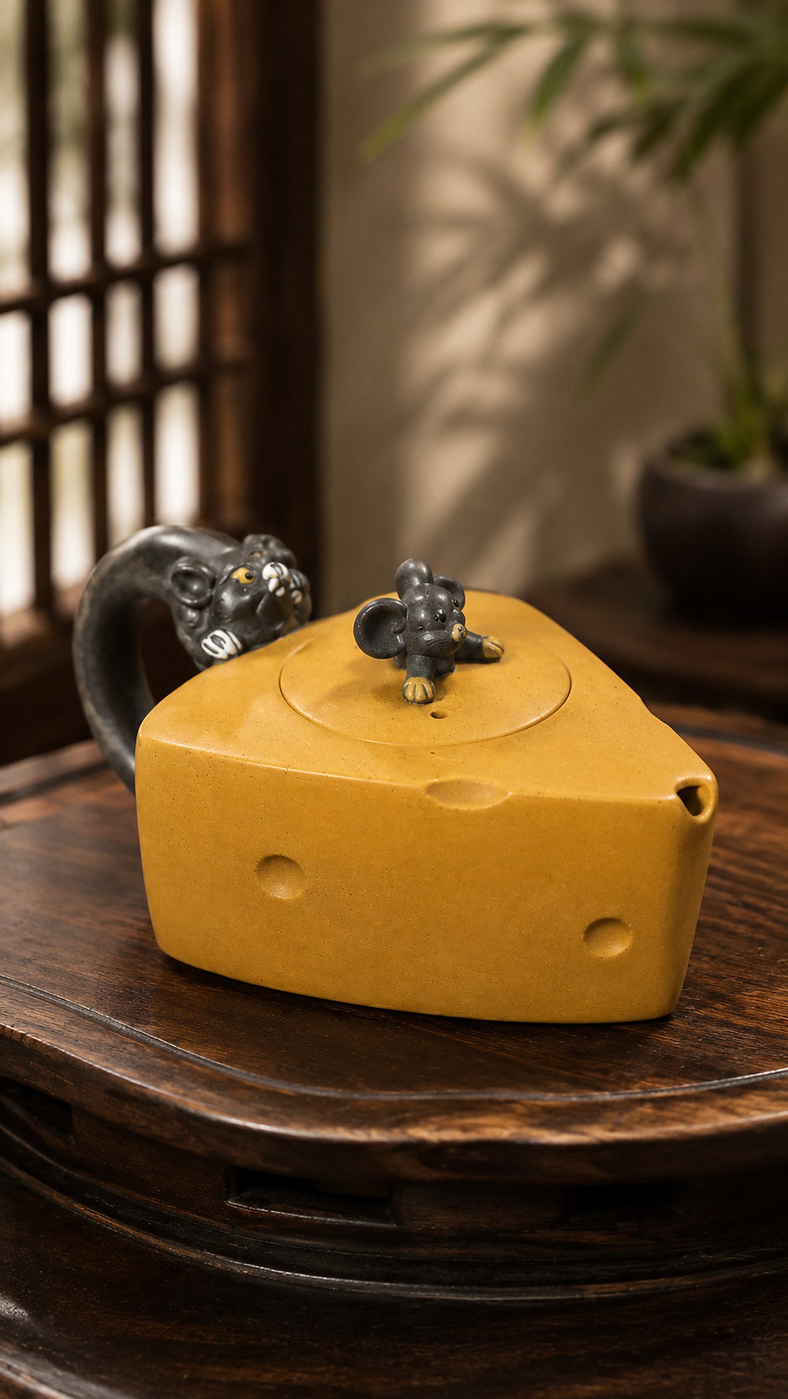 Cheese-form Yixing teapot in golden Duanni, front view on a carved round stand