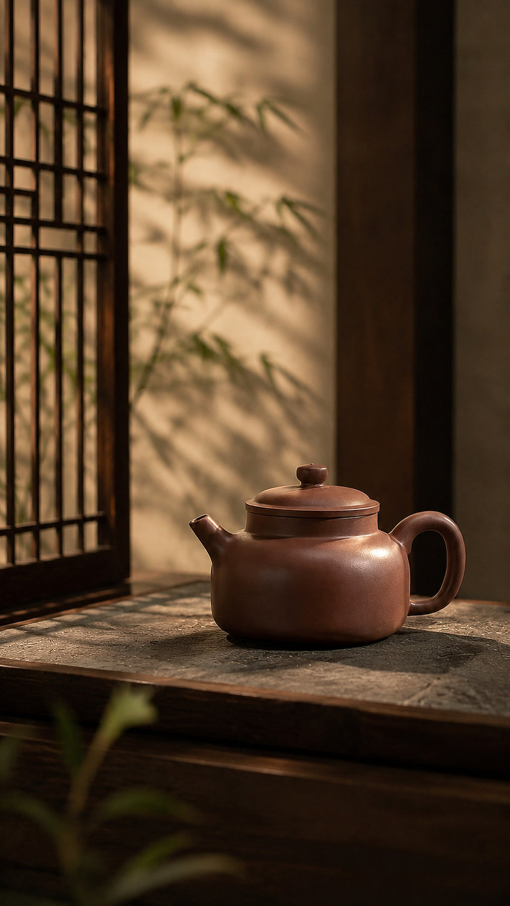 Dicaoqing Zini Dezhong teapot displayed on stone