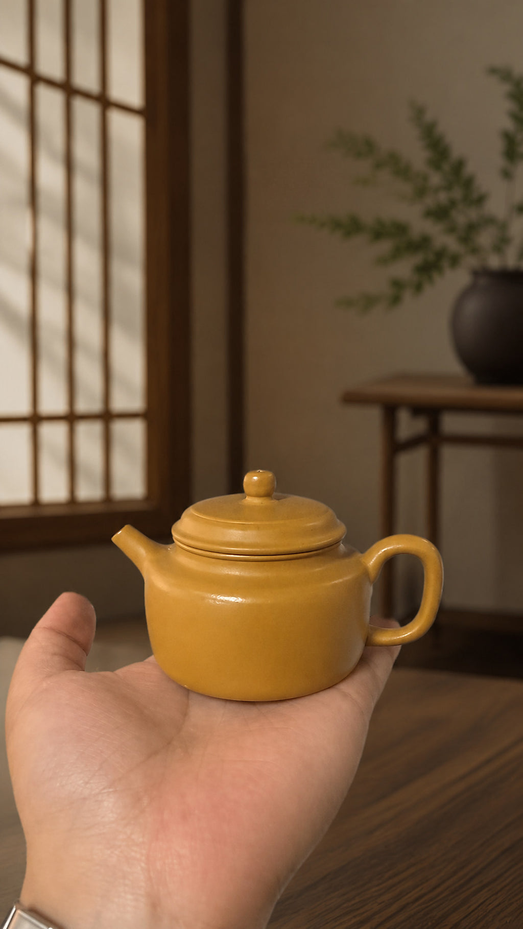 Dezhong Yixing teapot in golden Zhuni, handheld profile showing scale