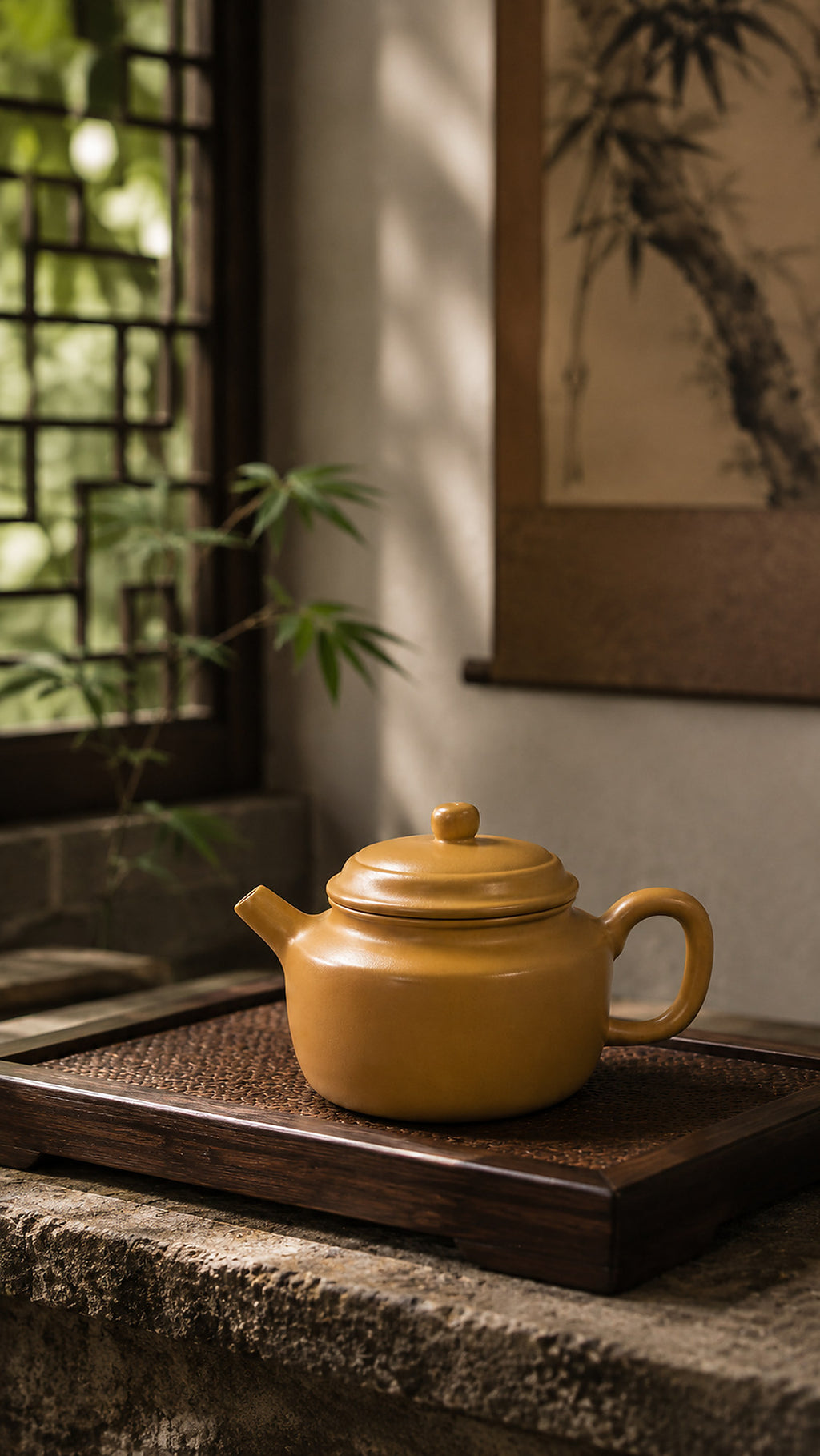 Dezhong Yixing teapot in golden Zhuni, left profile on a tea tray over stone