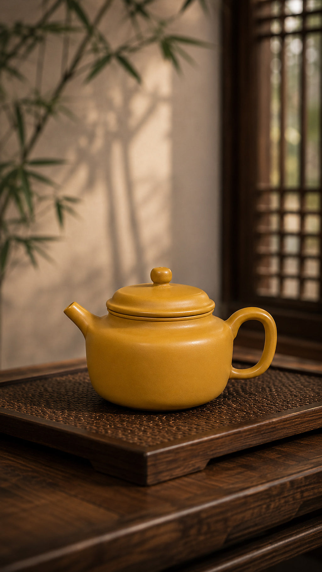 Dezhong Yixing teapot in golden Zhuni, left profile on a woven tea tray