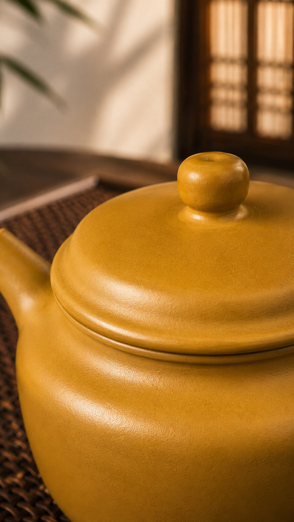 Dezhong Yixing teapot in golden Zhuni, close-up of stepped lid and round knob