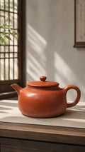 Dezhong teapot in Jiangponi Clay, full side view of the rounded body and layered lid