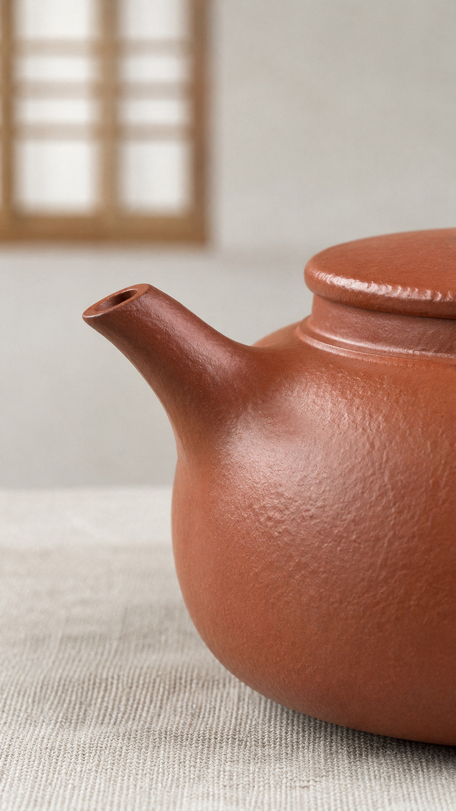 Dezhong teapot, close-up of the straight open spout and textured clay shoulder
