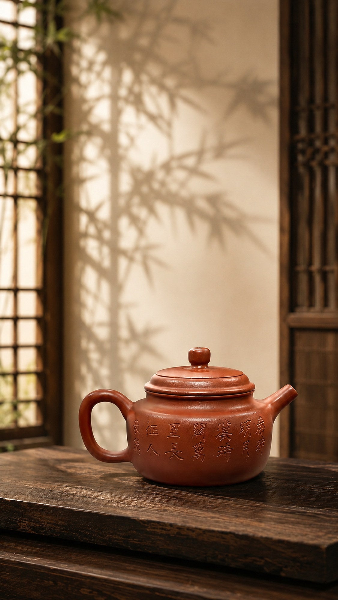 Dezhong Yixing teapot in Zhuni, reverse profile on a rustic tabletop