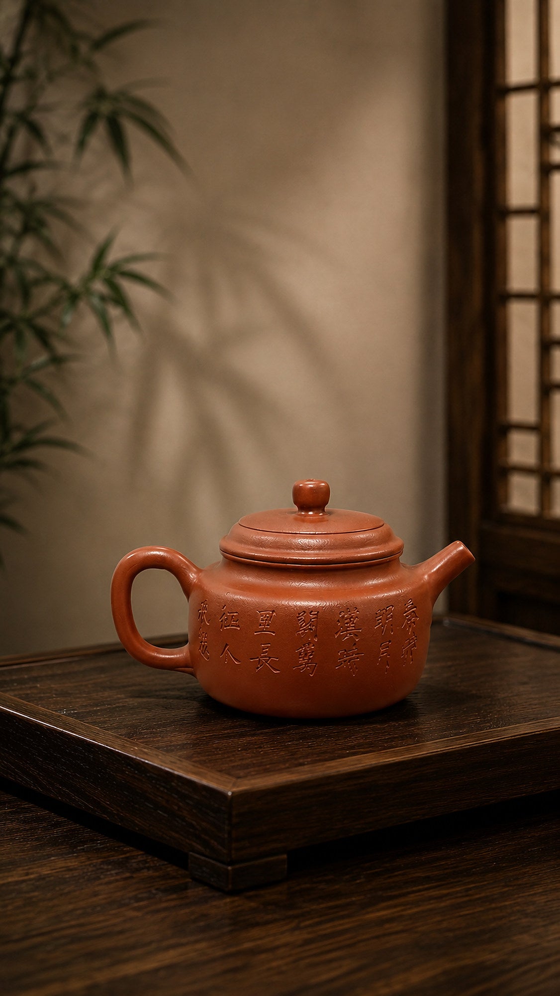 Dezhong Yixing teapot in Zhuni, reverse profile on a slatted tea tray