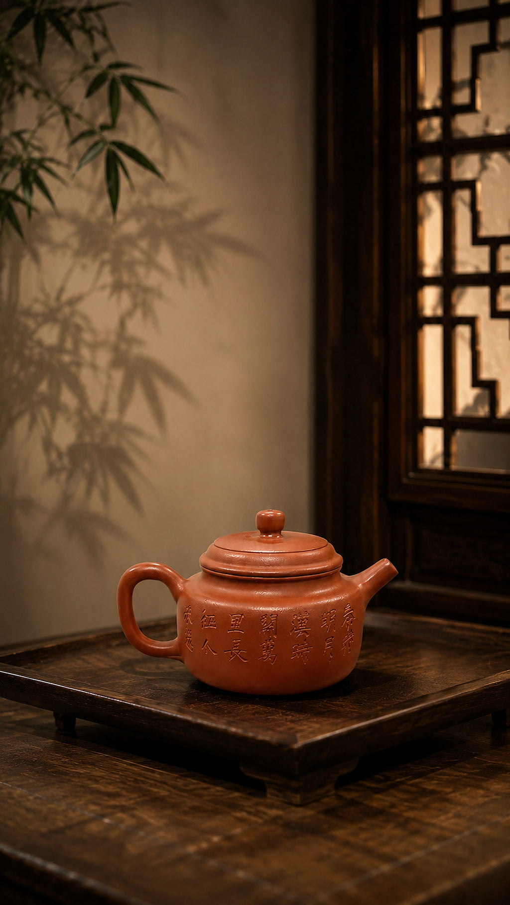 Dezhong Yixing teapot in Zhuni, reverse profile on a dark wood stand