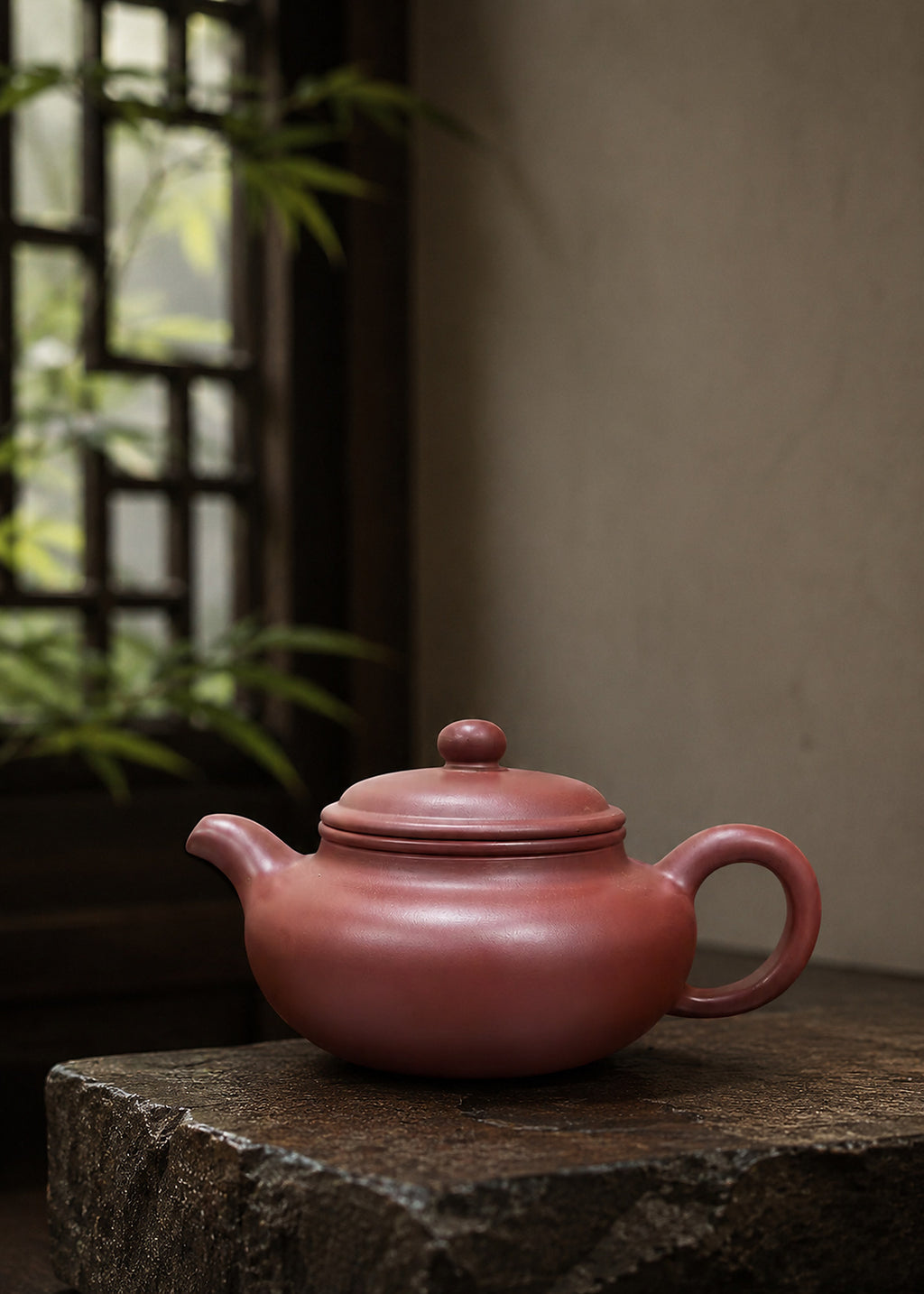 Dicaoqing Zini Fanggu teapot displayed on dark stone