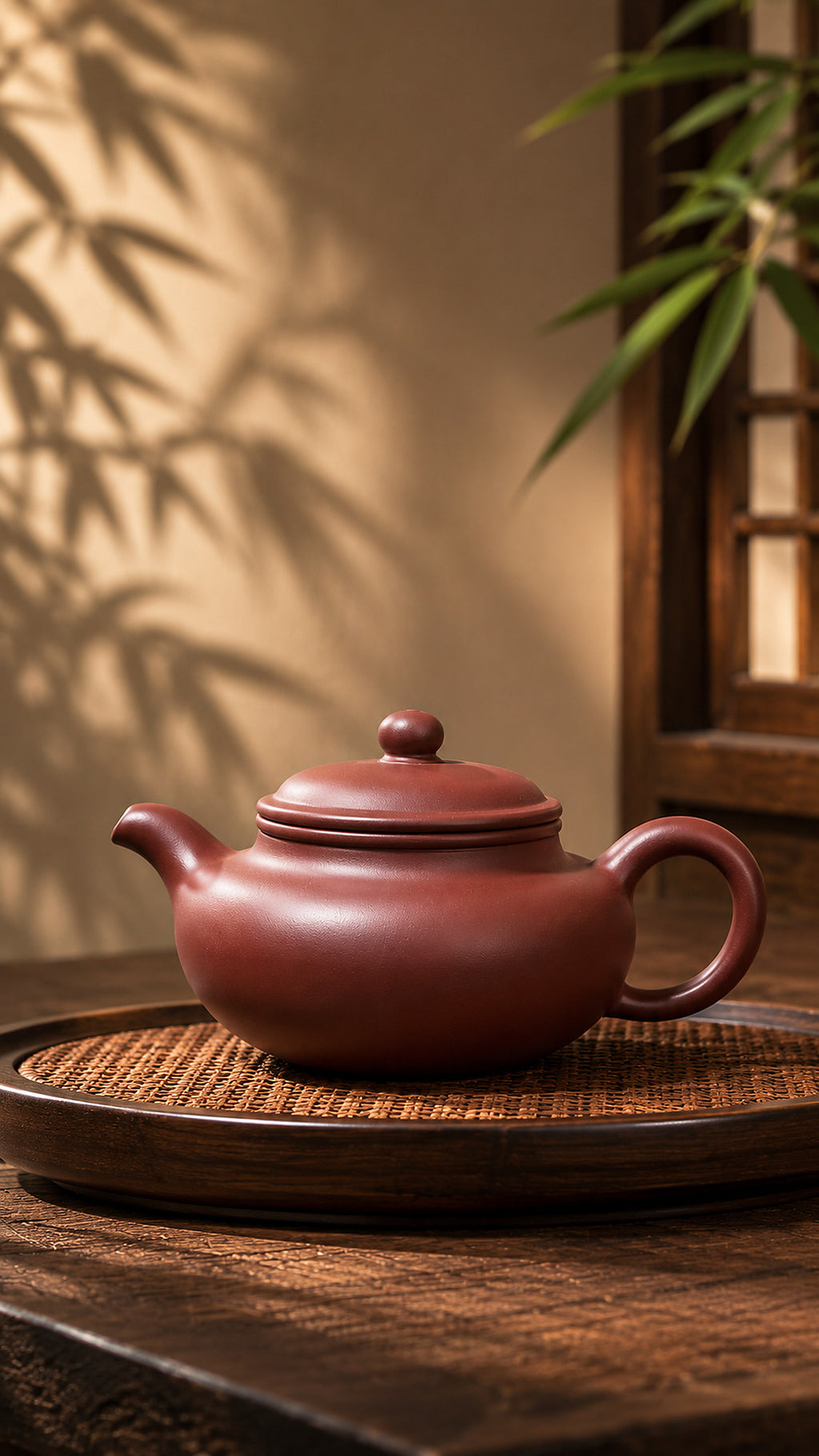 Dicaoqing Zini Fanggu teapot on a woven tray, side view