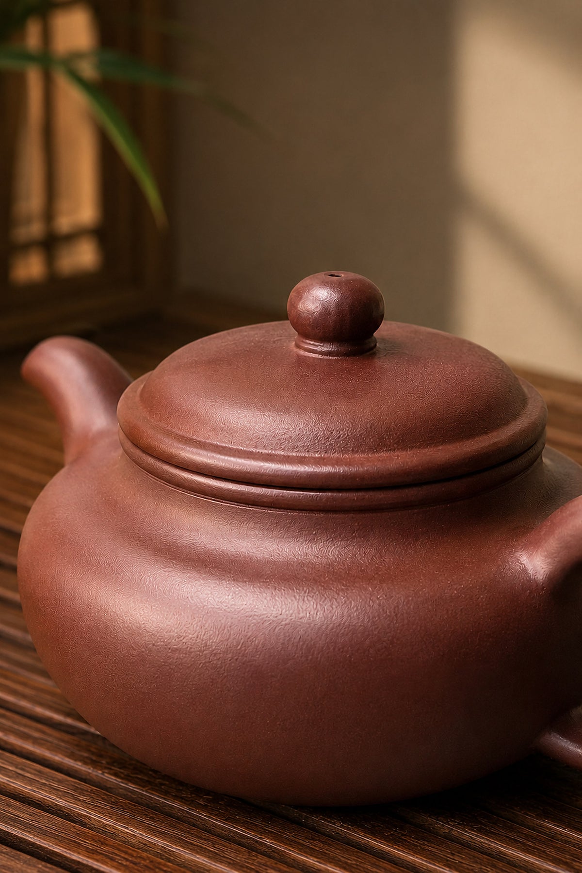 Dicaoqing Zini Fanggu teapot lid and rounded body close-up