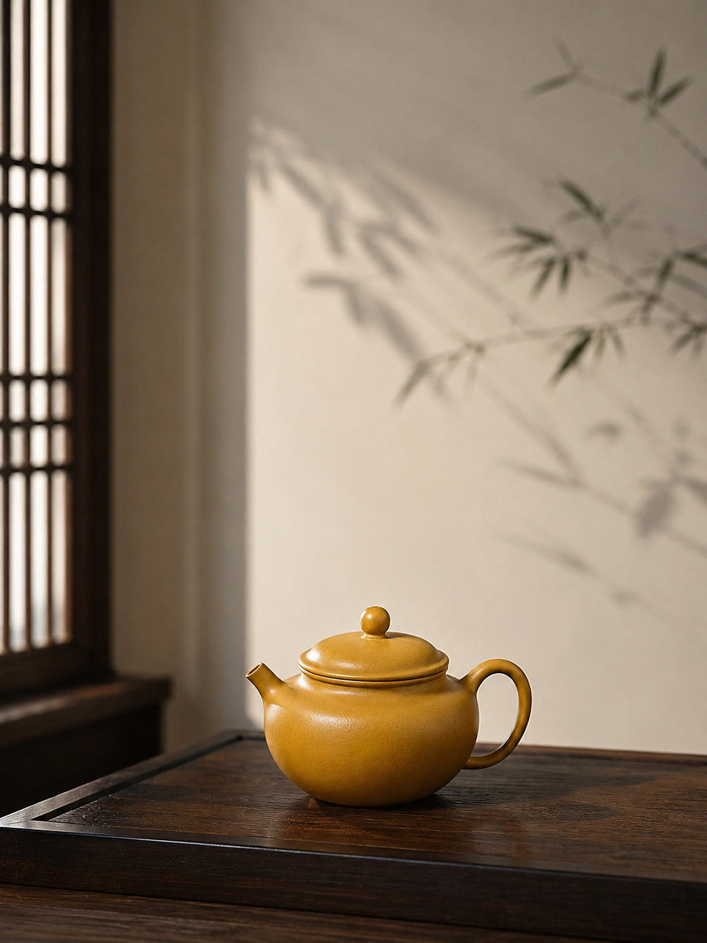 Gong Zhu Yixing teapot in golden Zhuni, wide left profile on a wood table