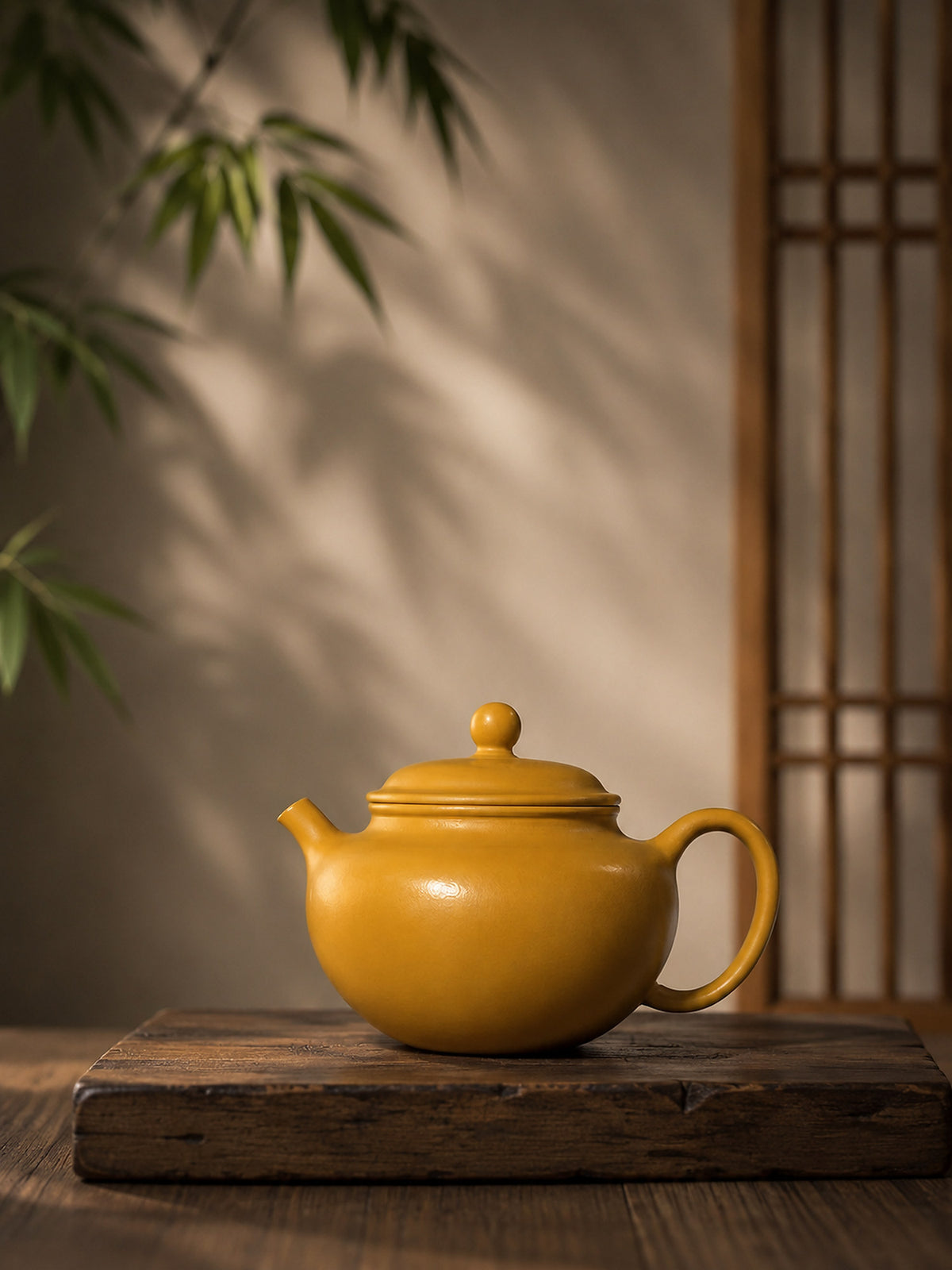 Gong Zhu Yixing teapot in golden Zhuni, left profile on a wood slab