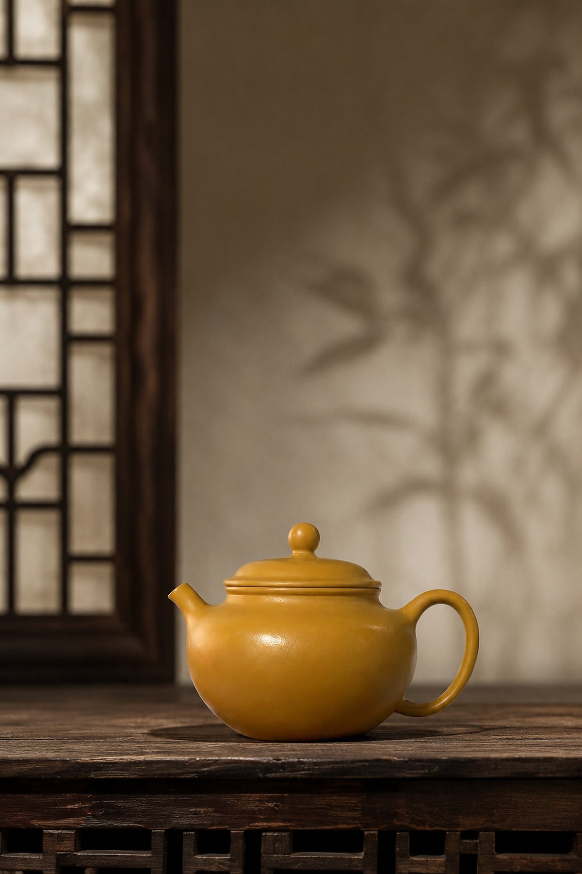 Gong Zhu Yixing teapot in golden Zhuni, left profile on a carved wood table
