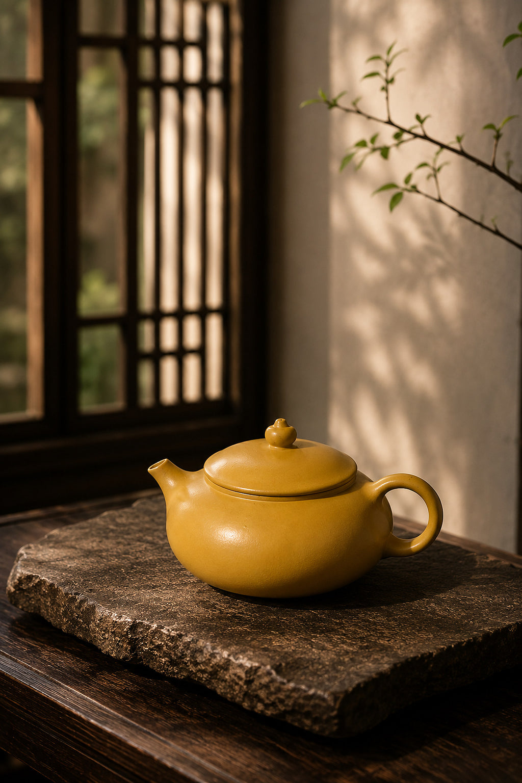 Han Jiang Yixing teapot in golden Zhuni, left profile on a rough stone slab