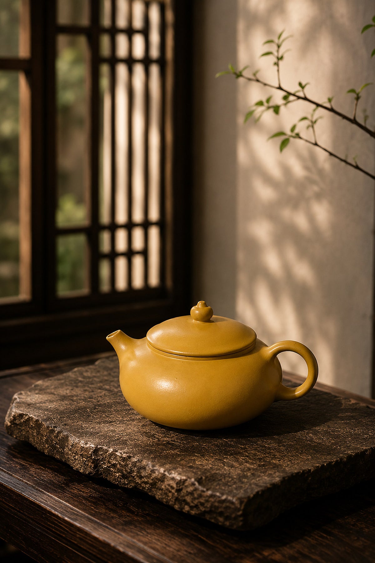 Han Jiang Yixing teapot in golden Zhuni, left profile on a rough stone slab