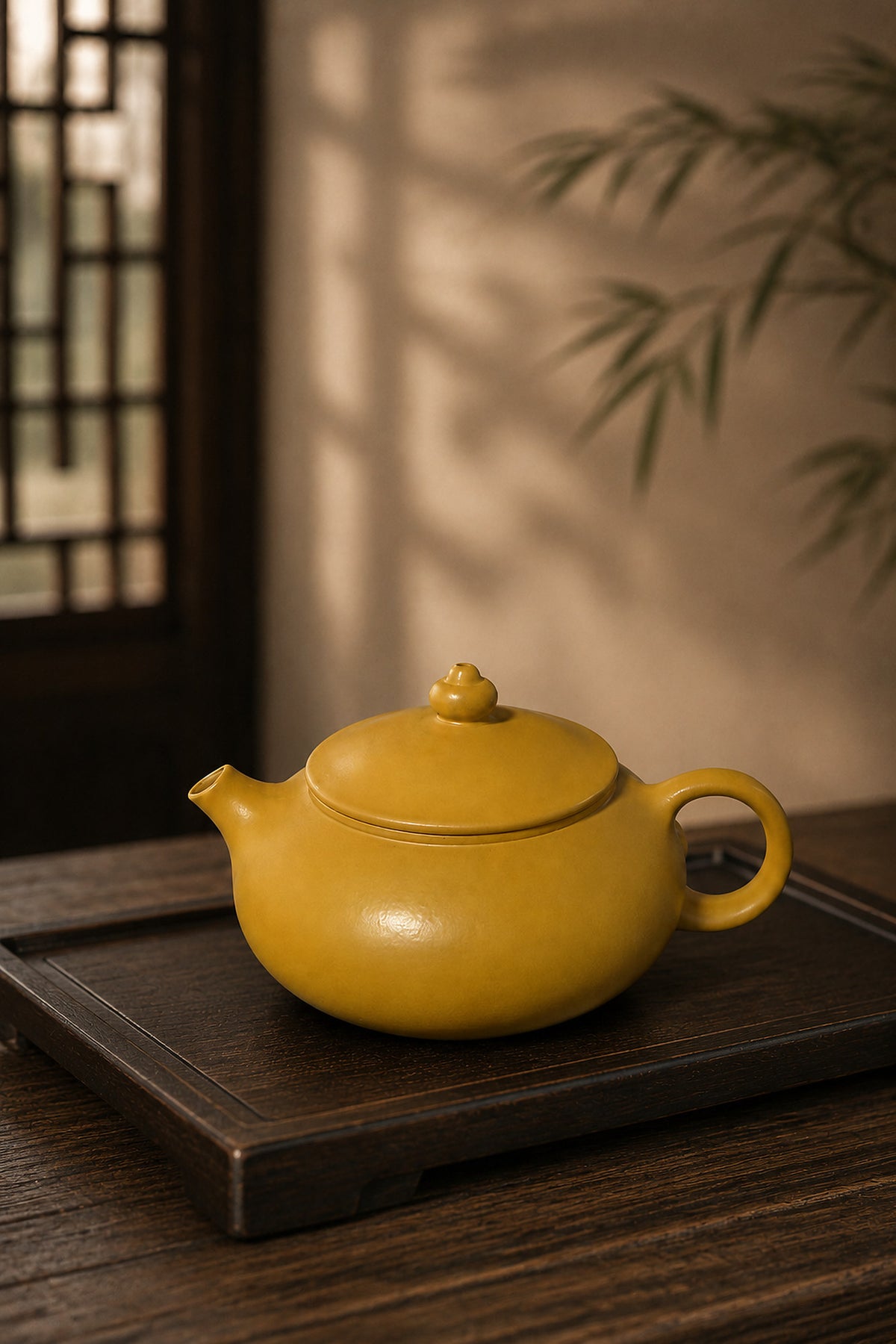 Han Jiang Yixing teapot in golden Zhuni, left profile on a wood tea tray