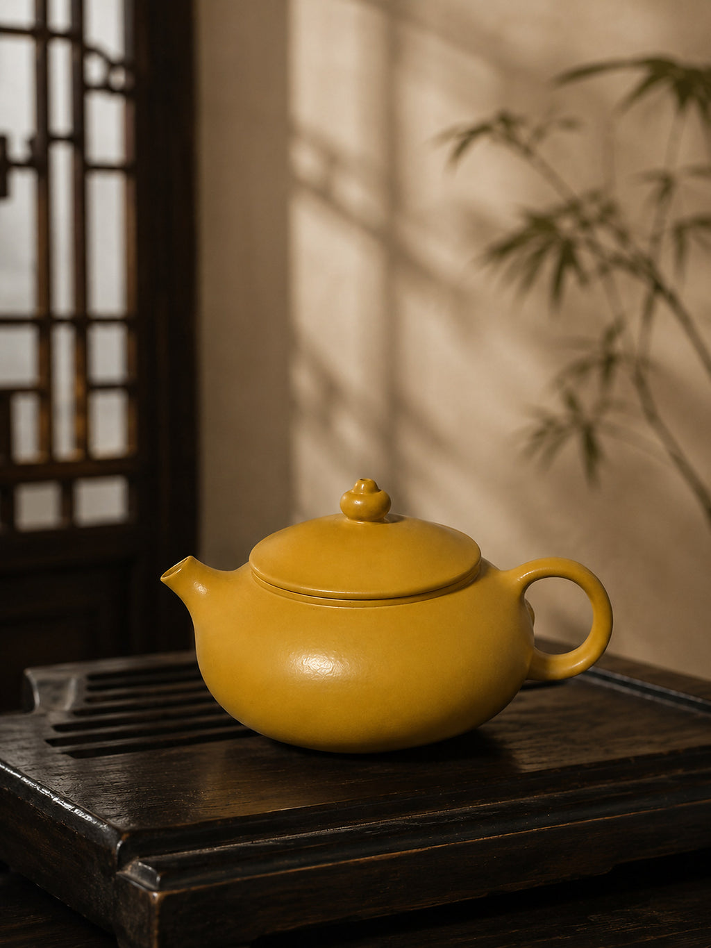 Han Jiang Yixing teapot in golden Zhuni, left profile on a tea tray beside bamboo shadows