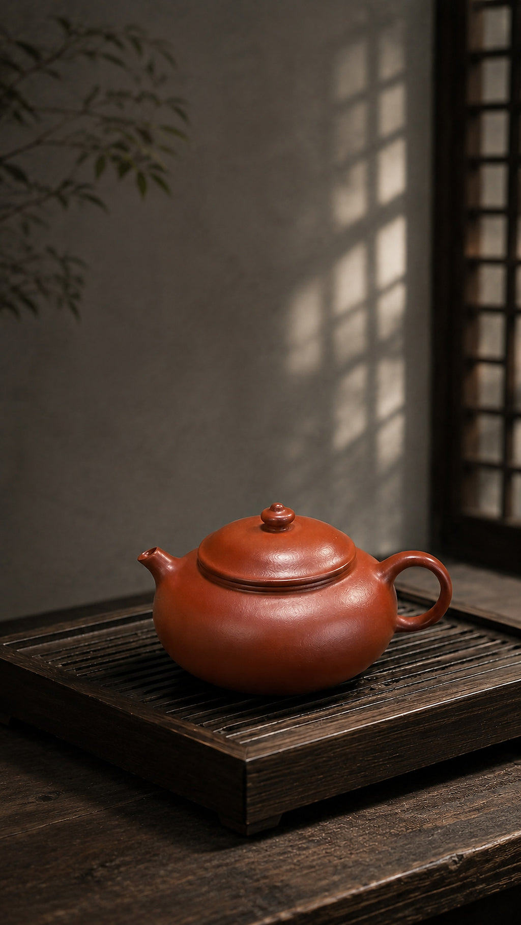 Han Jiang Zhuni teapot displayed on a wooden tea tray