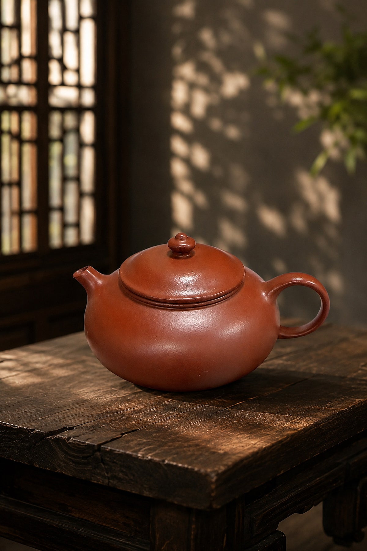 Zhuni clay Han Jiang teapot, three-quarter view on a wood slab