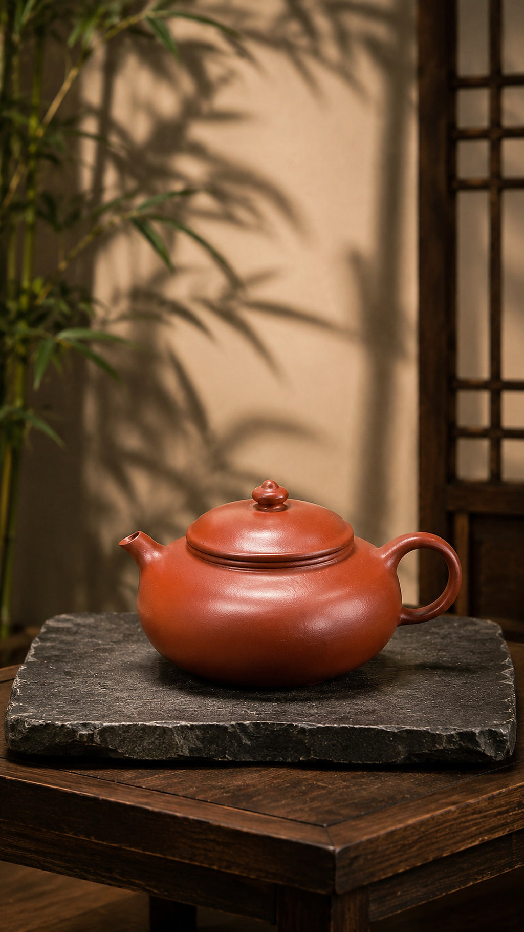 Han Jiang Yixing teapot in Zhuni clay, side profile on stone