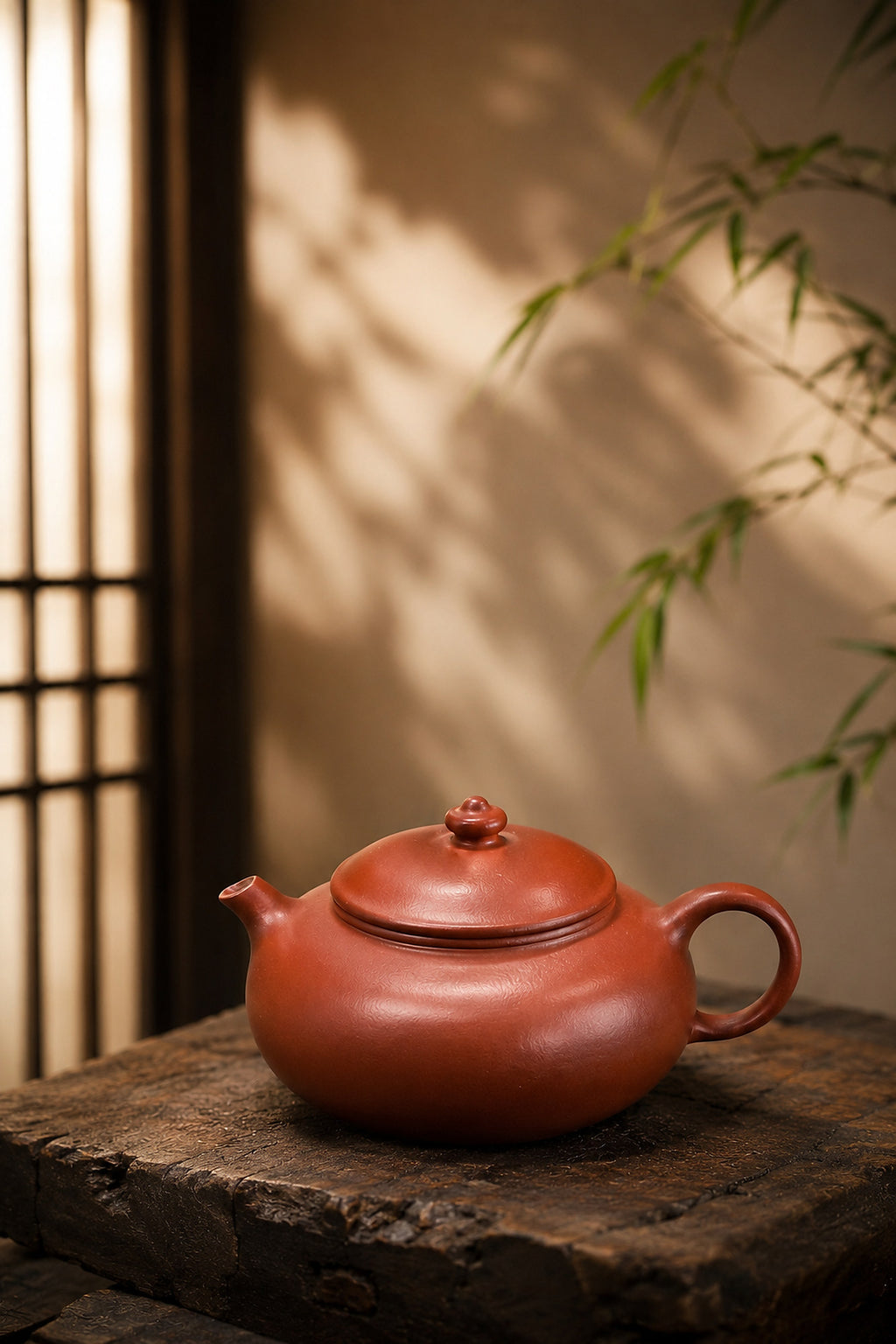 Zhuni Han Jiang Yixing teapot in a warm bamboo-lit setting