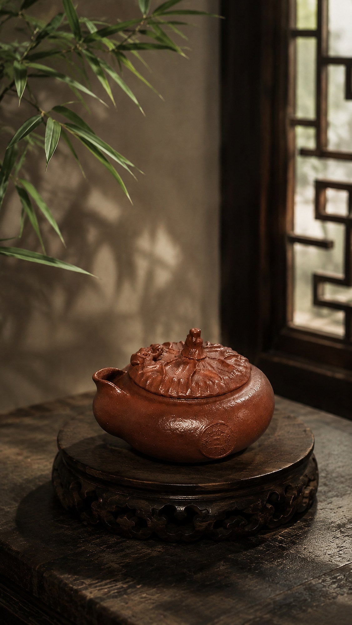 Hand-grip Yixing teapot in Jiangponi, front view on a carved round stand