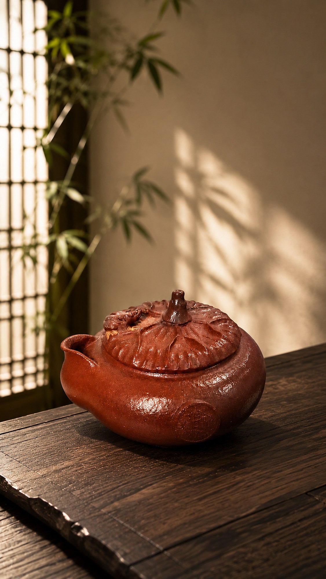 Hand-grip Yixing teapot in Jiangponi, front three-quarter view on a wood tabletop