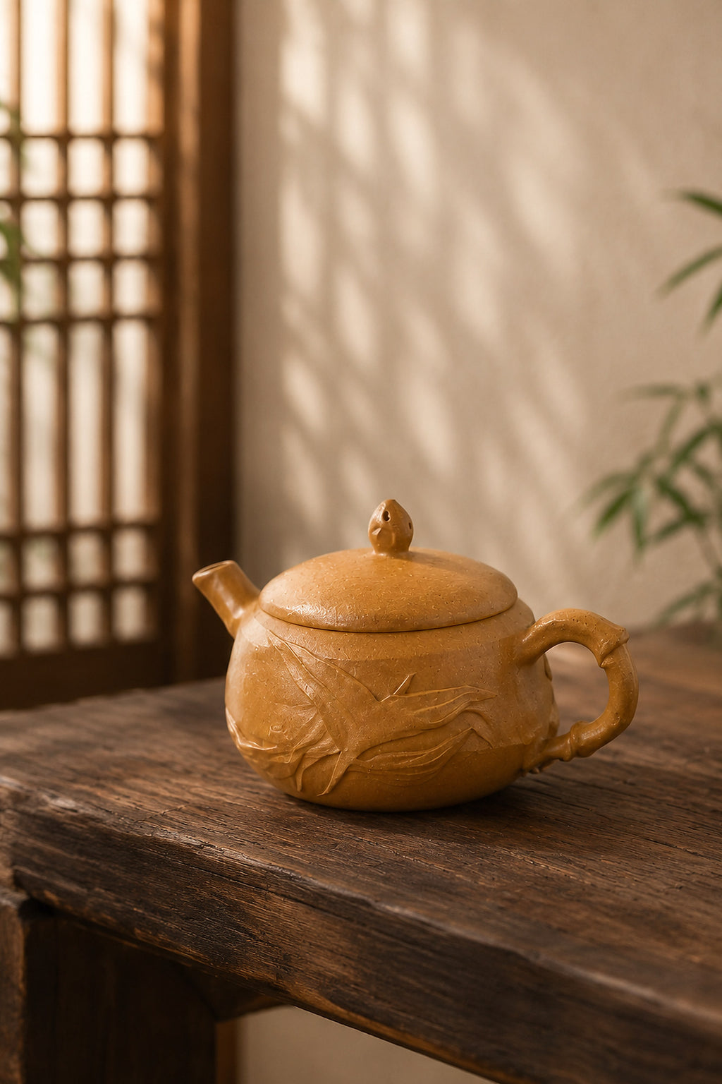 Hanwa Yixing teapot in golden Duanni, left profile on a rustic table