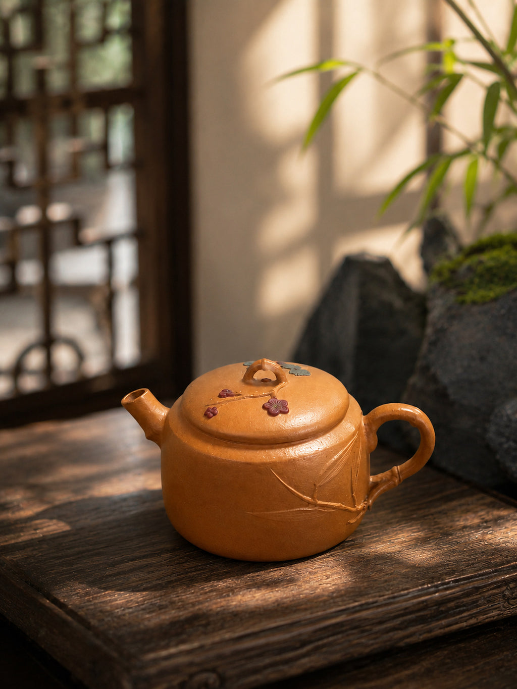 Hanwa Yixing teapot in golden Duanni, left profile on a rustic tabletop