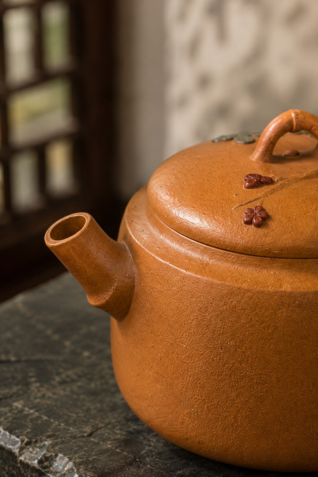 Hanwa Yixing teapot in golden Duanni, close-up of spout and flowered lid