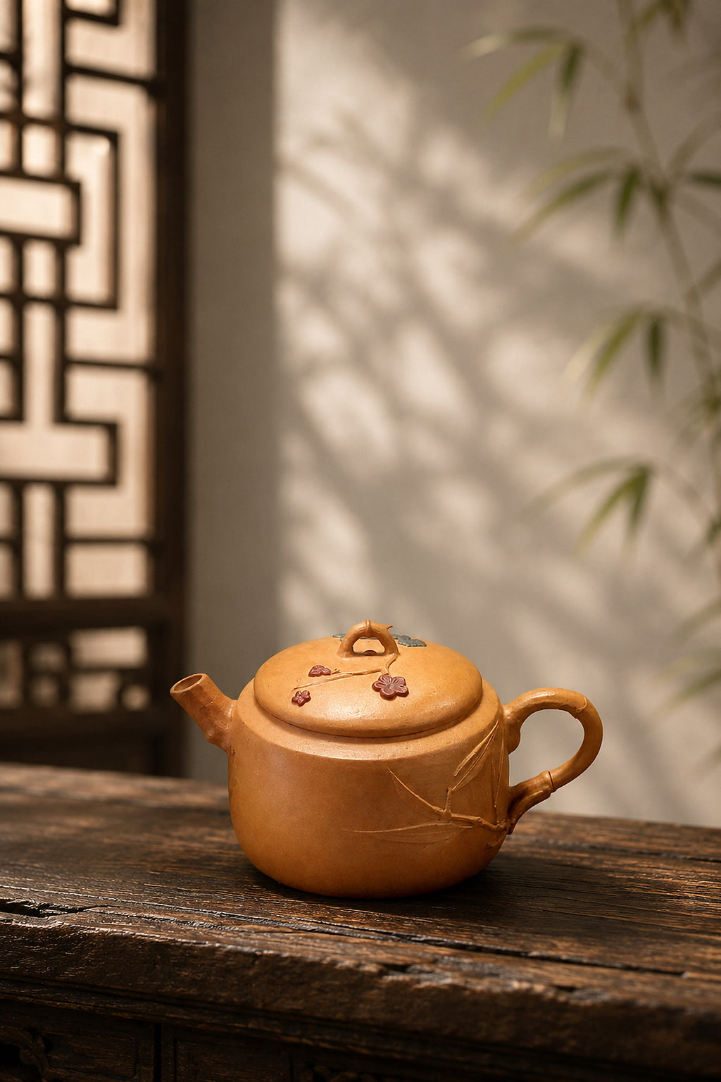 Hanwa Yixing teapot in golden Duanni, left profile in warm window light
