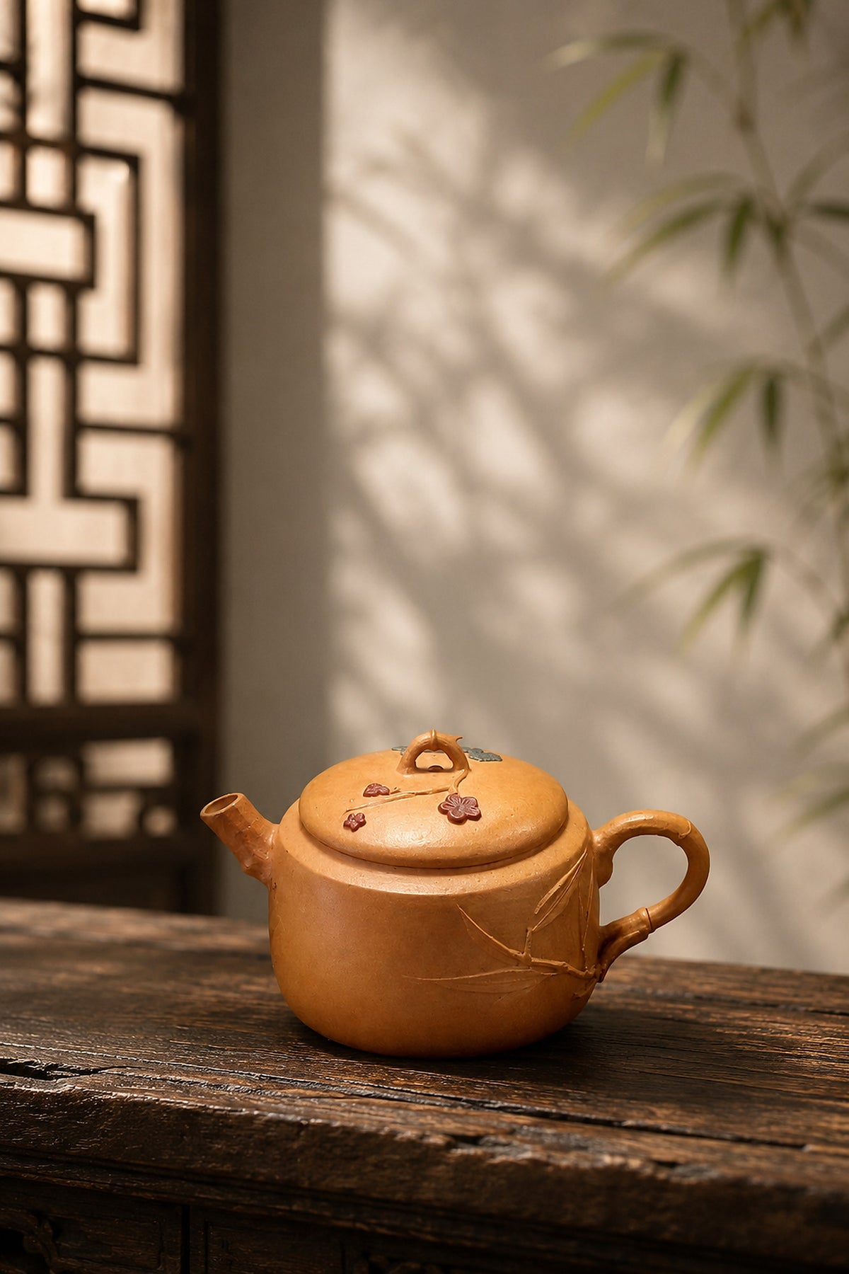 Hanwa Yixing teapot in golden Duanni, left profile in warm window light
