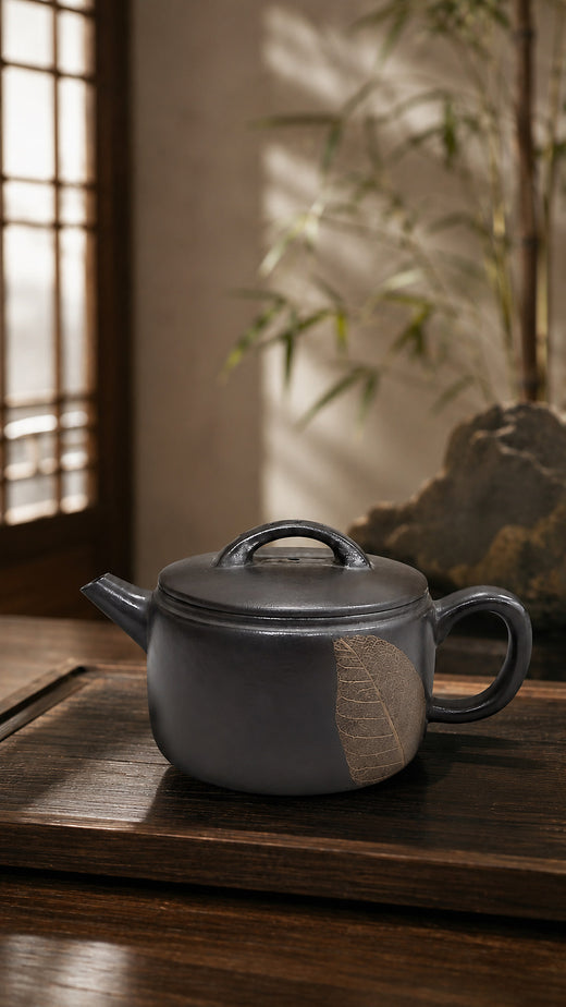 Guwuni Hanwa teapot with brown leaf decoration, full side view