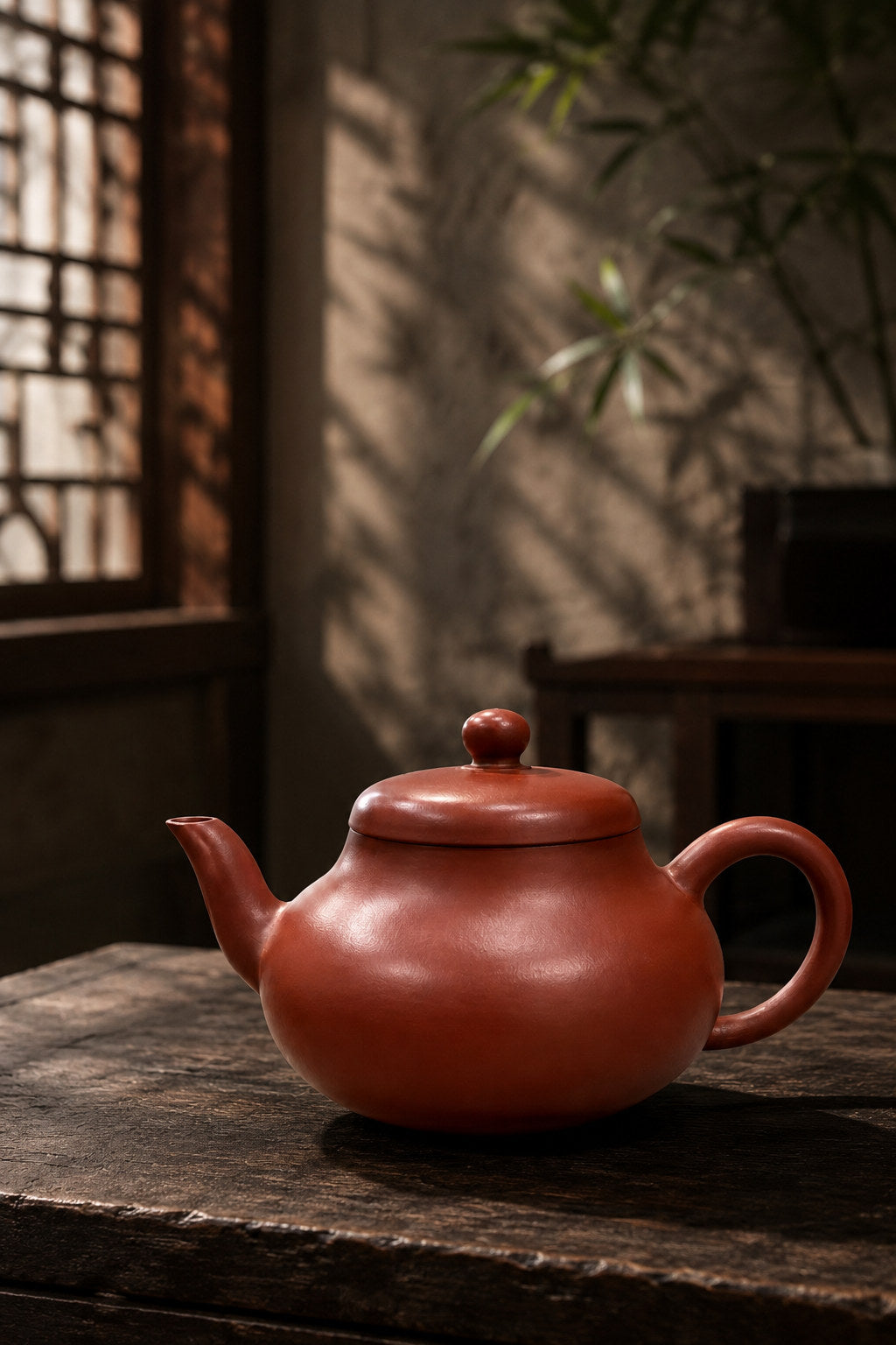 Jun De teapot, wide alternate side view on a dark wooden table