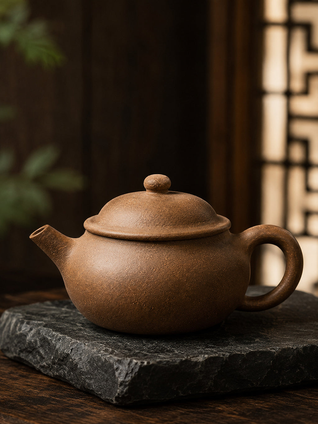 Golden Duanni Jun Yu teapot displayed on rough stone