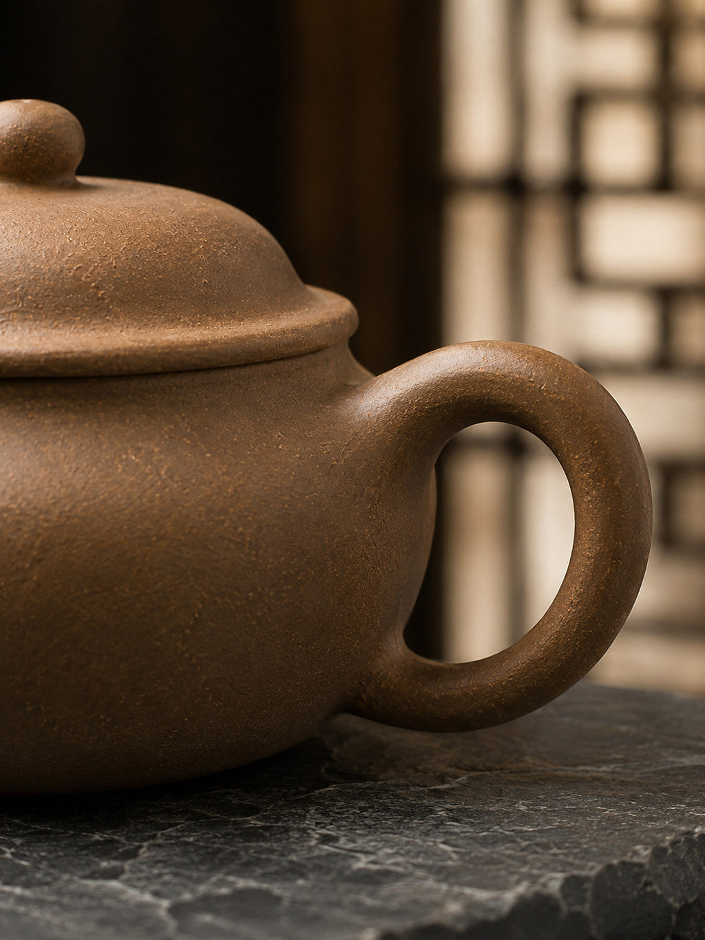 Golden Duanni Jun Yu teapot handle and lid rim detail