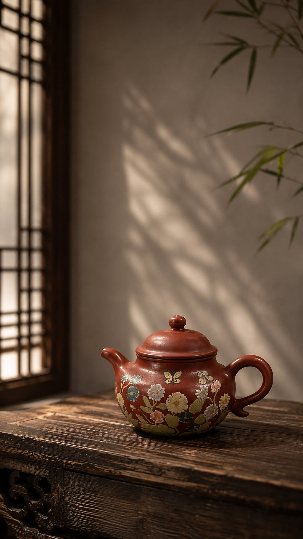 Decorated Zhuni Lianzi teapot on a carved wooden table