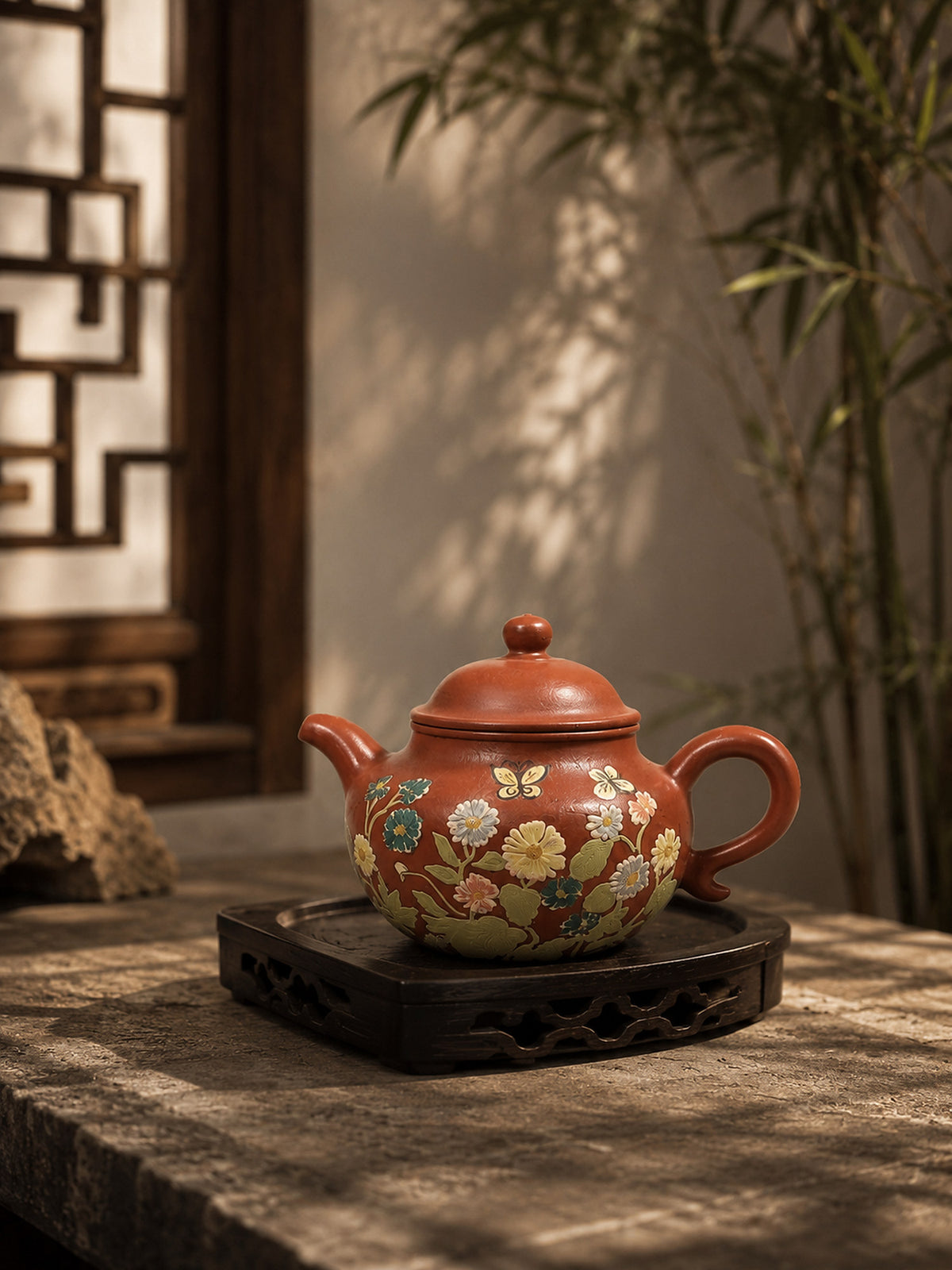 Floral Zhuni Lianzi teapot displayed on a small stand