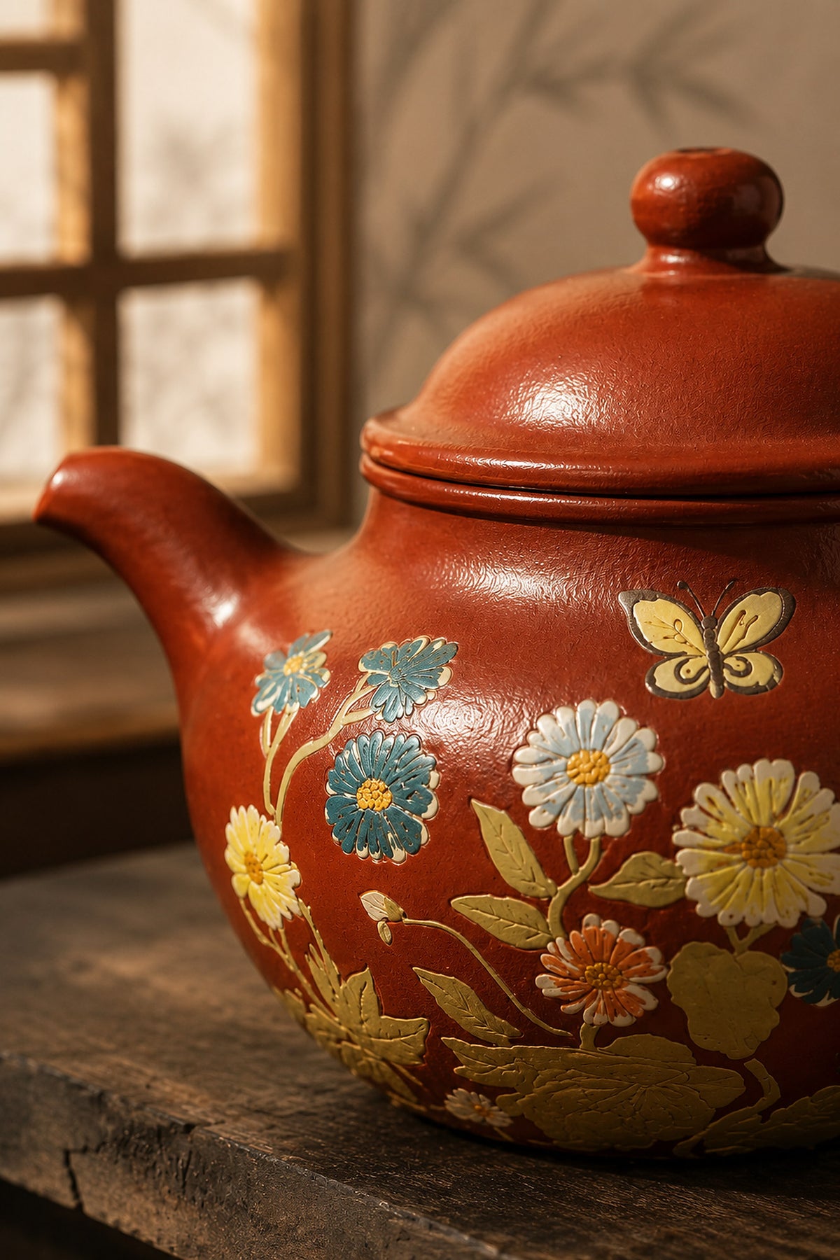 Zhuni Lianzi teapot spout, lid, flowers, and butterfly detail