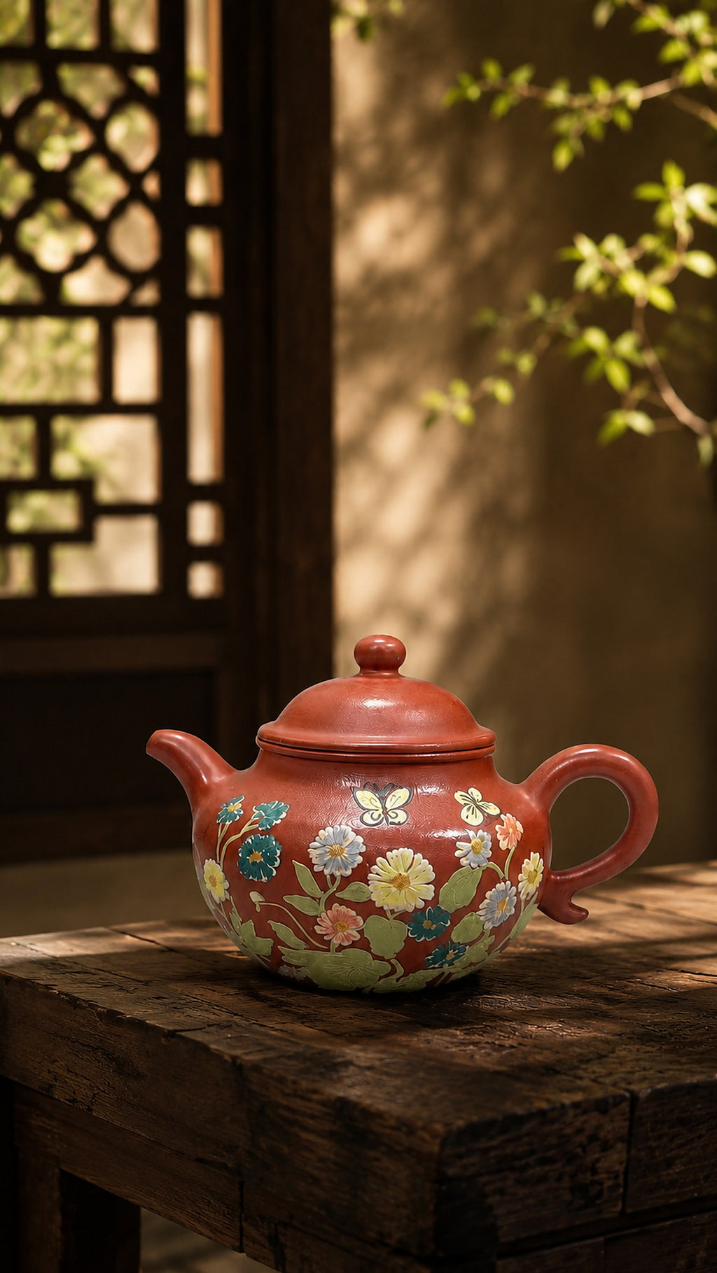 Decorated Zhuni Lianzi teapot in dappled window light