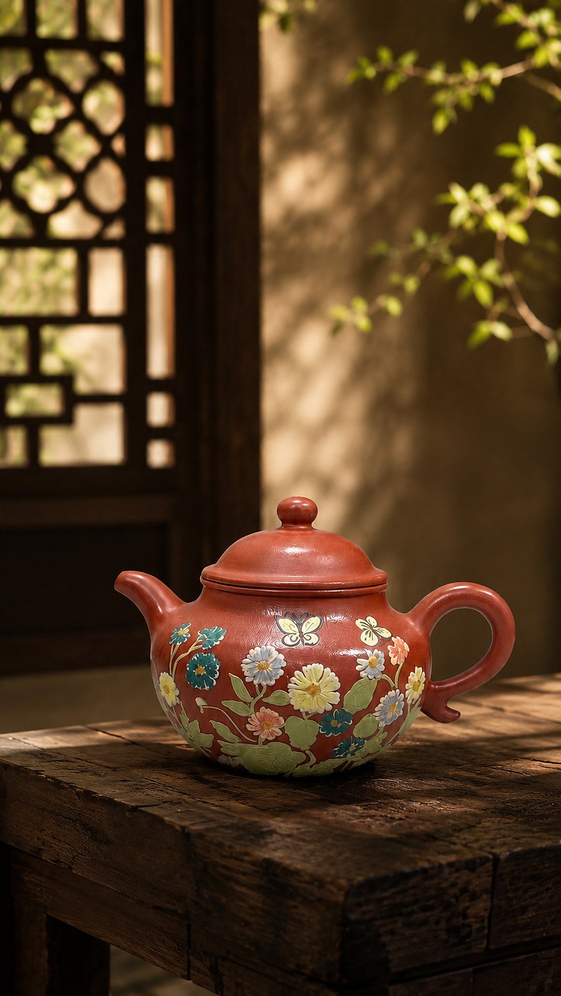 Decorated Zhuni Lianzi teapot in dappled window light