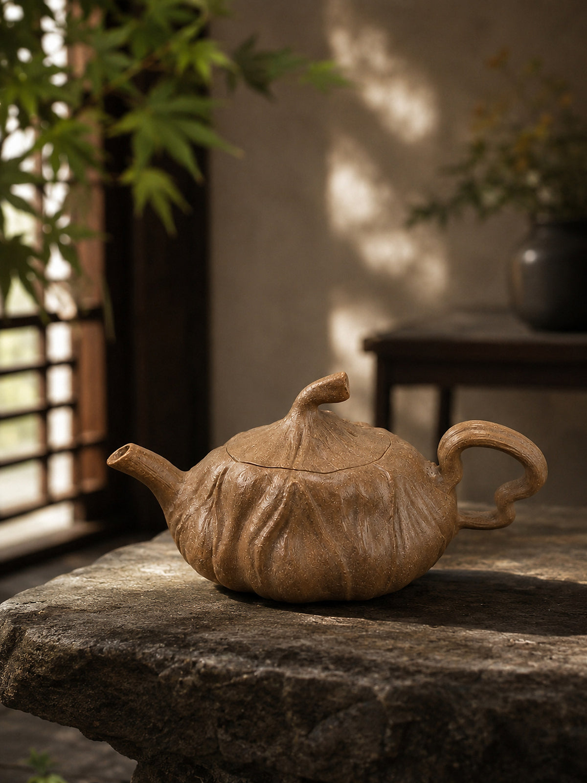 Lotus-form Yixing teapot in aged Duanni, left profile on a rough stone slab