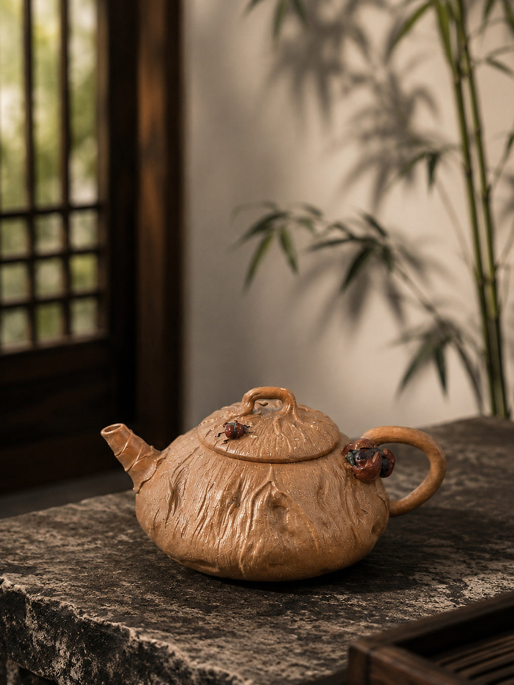 Lotus-form Yixing teapot in aged Duanni, left profile on a rough stone slab