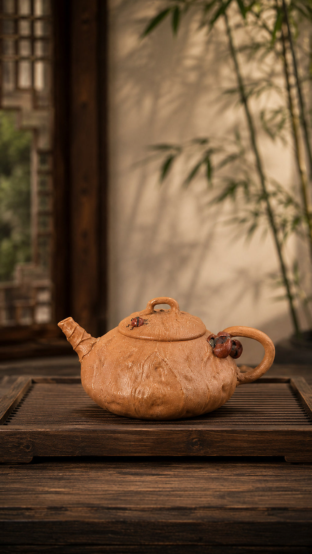 Lotus-form Yixing teapot in aged Duanni, left profile on a dark wood tabletop