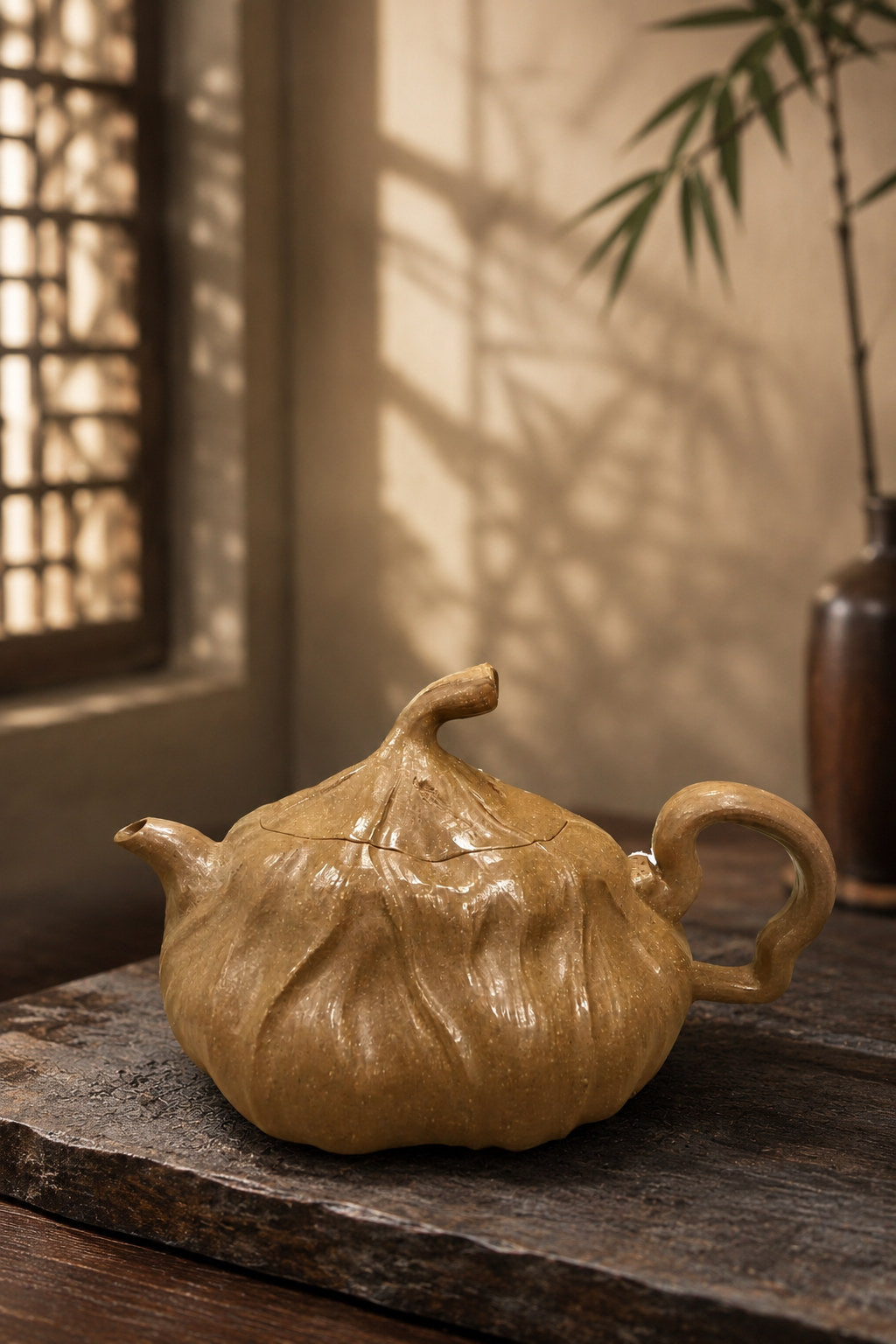 Product view 1 of 120ml Lotus Sculptural Form zisha teapot in Aged Duanni Clay, No. 092