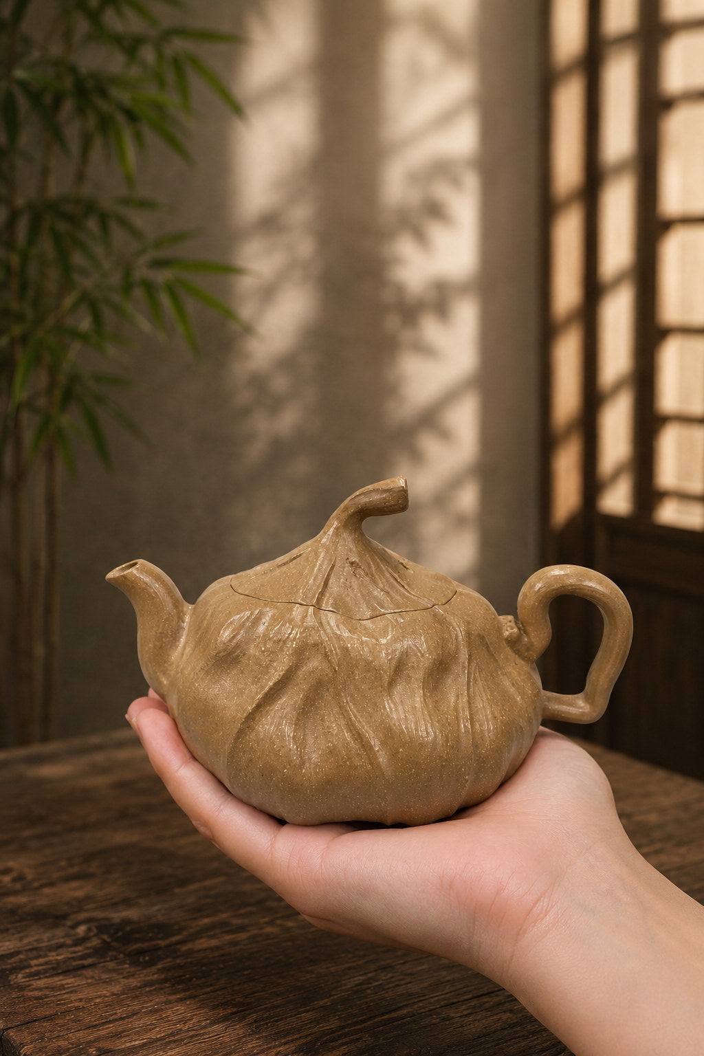Product view 2 of 120ml Lotus Sculptural Form zisha teapot in Aged Duanni Clay, No. 092